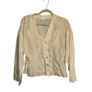 Vintage 70’s Blouse Leo Shelli Segal Silk Victorian Prairie Lace Pearl Size 9